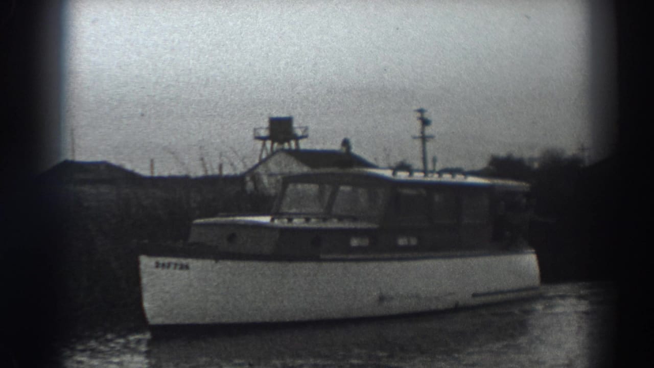 Cabin motorboat near the shoreline with a tower-like structure behind it.