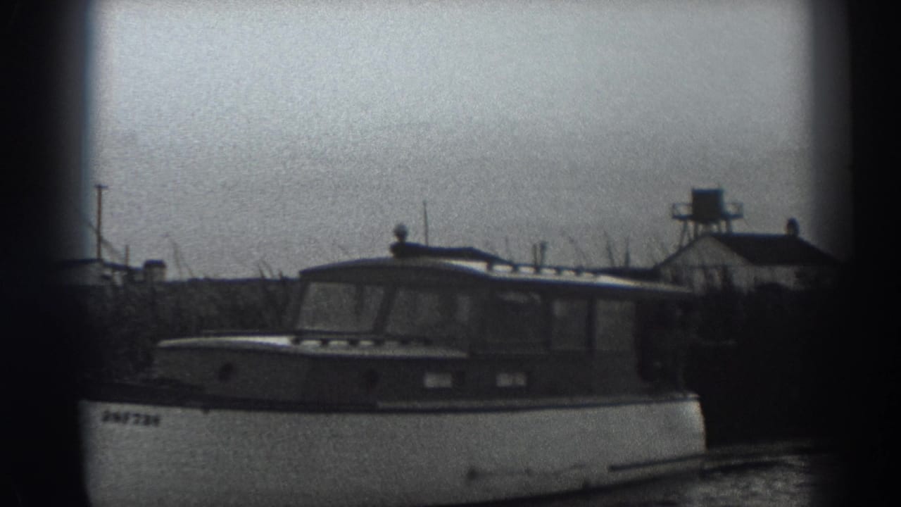 Cabin motorboat on calm water with shoreline buildings behind it.