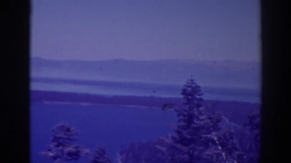 Lake Tahoe, supported by metadata, appears in a soft 8mm frame with foreground evergreens, blue water, and layered mountains in the distance.