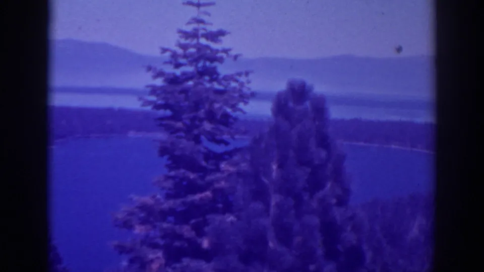 1938 Lake Tahoe scenic frame showing pines in the foreground, lake water below, and hazy hills across the shore.