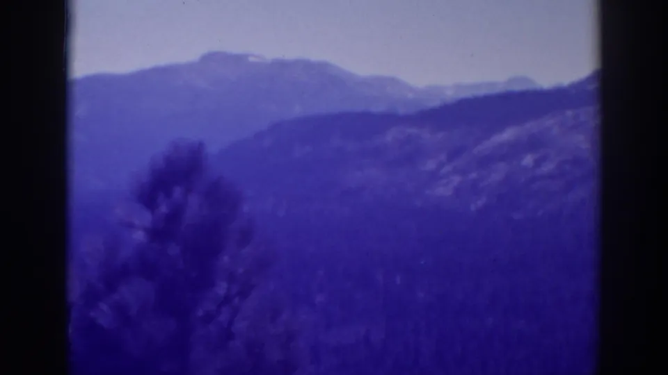1938 Lake Tahoe 8mm frame showing hazy mountain ridges, wooded slopes, and a dark foreground tree under cloudy sky.