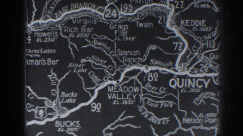 Close view of a Northern California map with Quincy, Meadow Valley, Bucks Lake, Keddie, route numbers, rivers, and elevation notes.