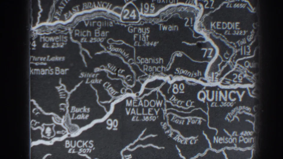 1938 travel-map frame showing Quincy, Meadow Valley, Spanish Ranch, Bucks Lake, route numbers, waterways, and elevation markings.