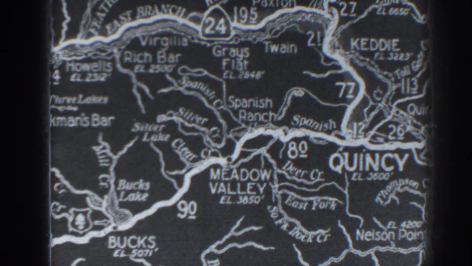 Final frame holds on the Northern California map around Quincy, Meadow Valley, Keddie, route numbers, rivers, and elevation labels.
