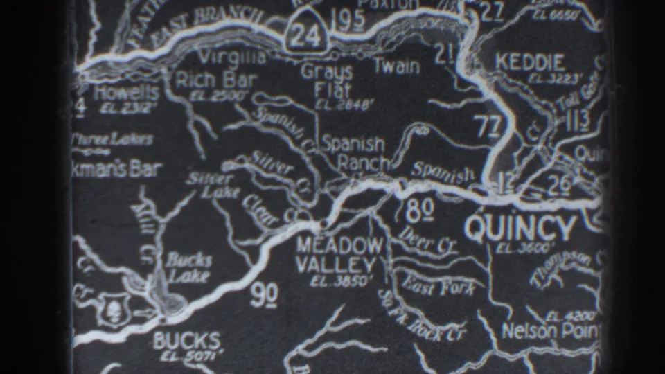 1938 Oroville-area clip frame showing a Northern California map with Quincy, Meadow Valley, Bucks Lake, roads, creeks, and elevation labels.