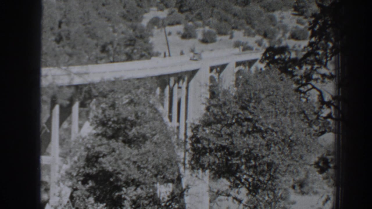 Elevated bridge and wooded valley seen through dark foreground edges.