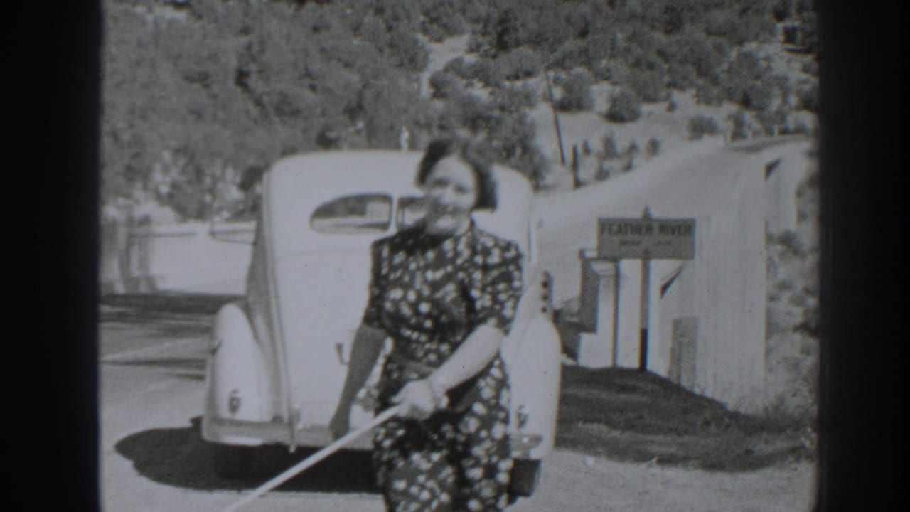 Woman in patterned dress walks a small dog beside a rounded vintage car and roadside sign.