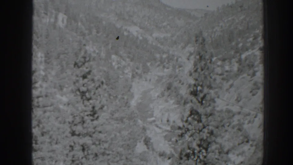1938 8mm frame from Oroville, California showing a snow-dusted valley, clustered pines, and soft distant hills.