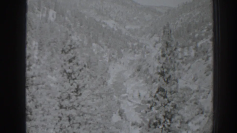 1938 Oroville-area 8mm frame showing rounded pine groups across a snowy hillside and valley basin.