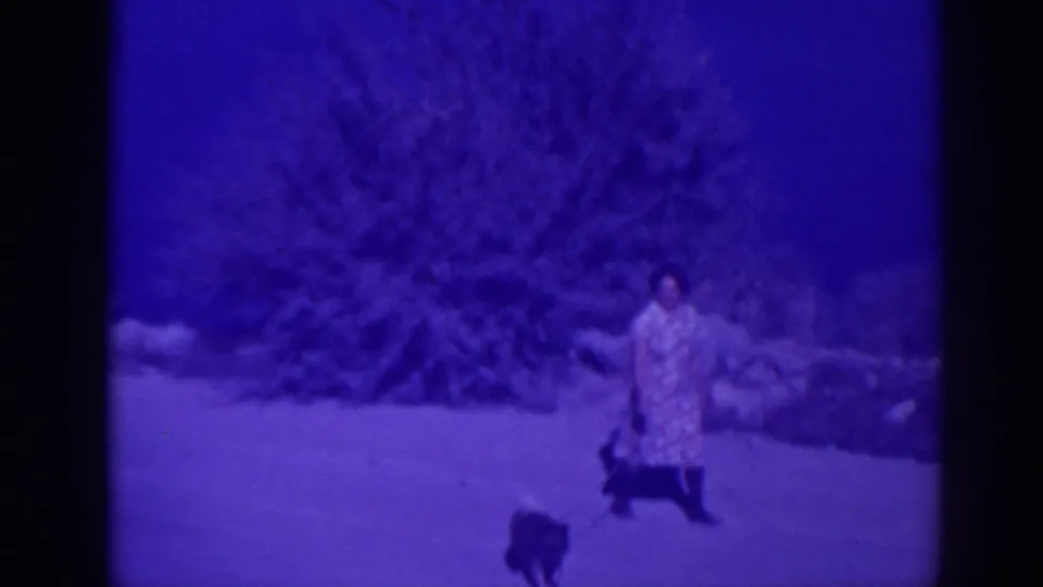 1938 Oroville home-movie frame with a small dog closer to camera and a woman behind near brush and rocks.