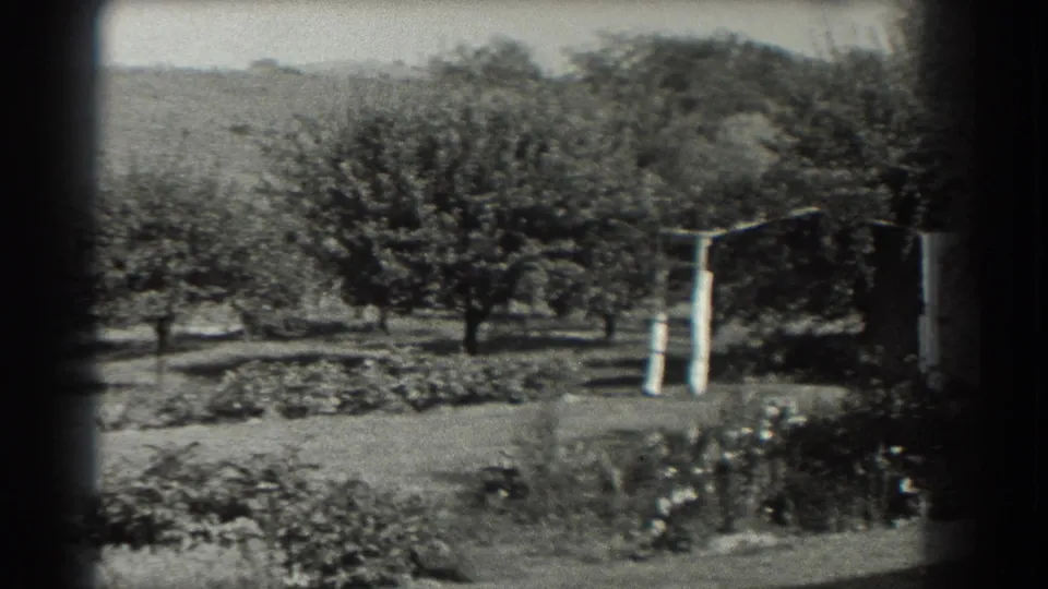 1937 Southampton home-movie frame showing trees, lawn, flower beds, and a simple garden trellis in black and white.
