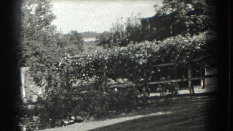 Black-and-white 1937 Southampton frame with garden foliage, lawn, trees, a low railing or trellis, and distant open land.