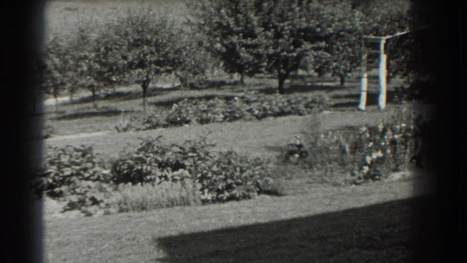 Black-and-white 8mm frame showing a wider Southampton orchard view with planted beds, lawn, trees, shrubs, and a pale wooden frame at right.