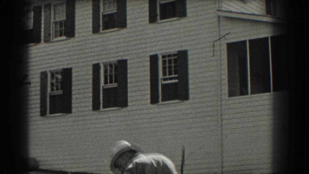 House wall with dark shutters and a person partly visible in the yard.