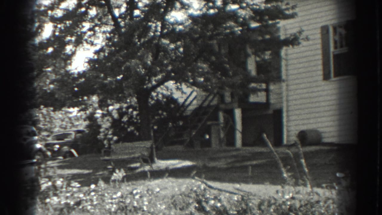 Clapboard house beside trees and a yard with a partially visible car at left.