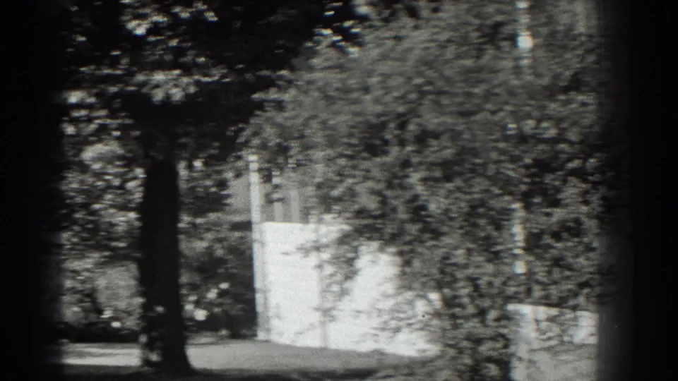 Soft black-and-white 8mm frame of trees and foliage around a white fence or gate in Southampton, New York.