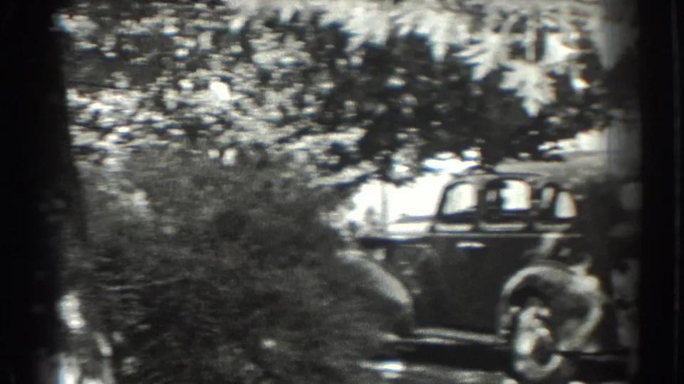 1937 Southampton frame with a dark rounded automobile parked near shrubs beneath dense roadside trees.