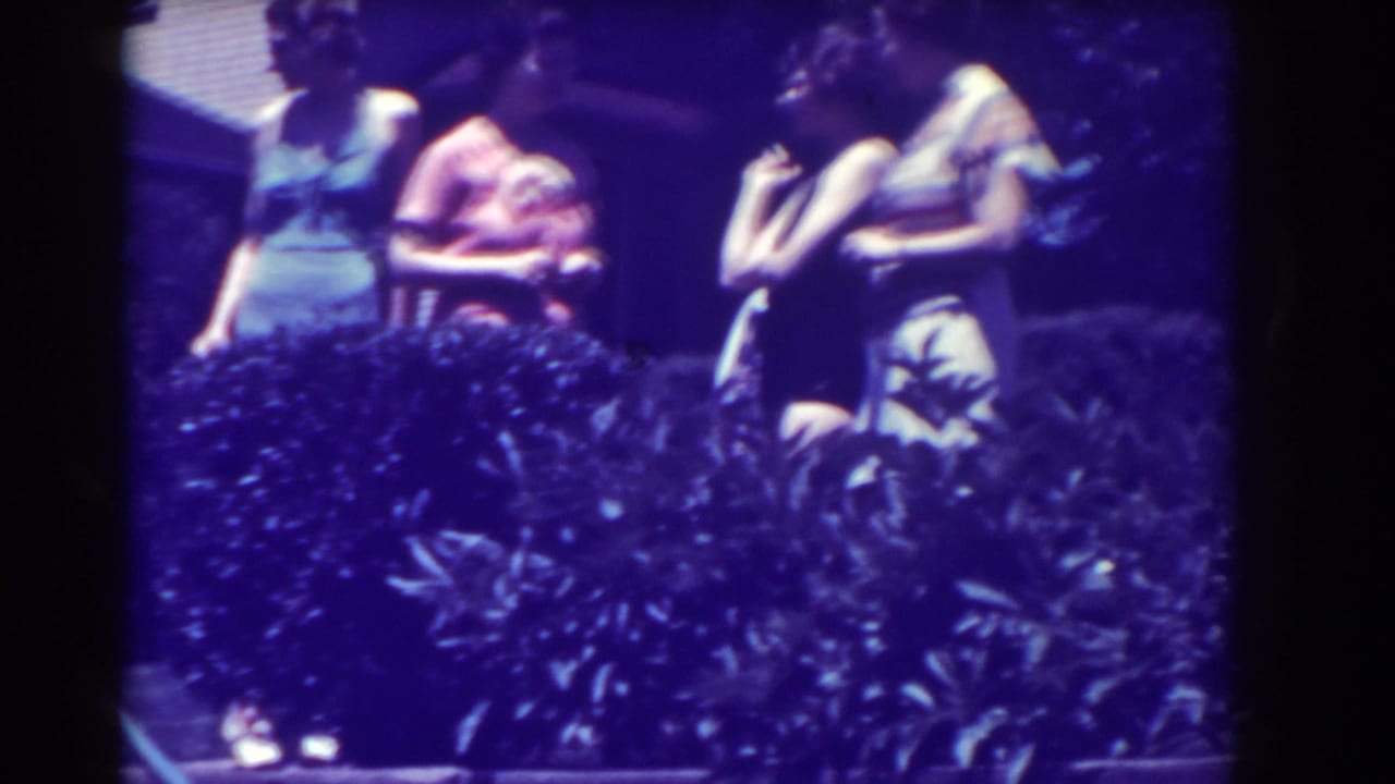 Several women gather near bushes and a pool edge in bright sun.
