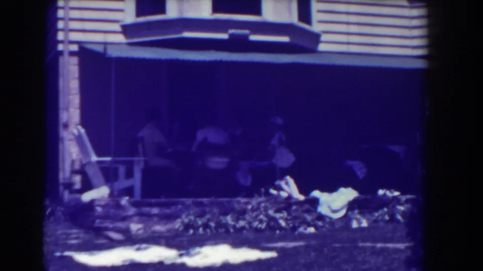 The final frame shows a Southampton house exterior with a shaded porch and sunlit lawn items in 1937 home-movie footage.