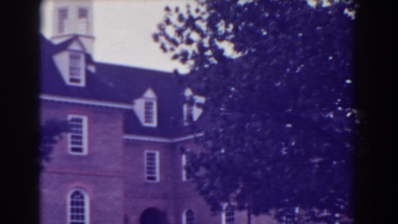 Brick building with white-trimmed windows and dormers partly covered by trees.