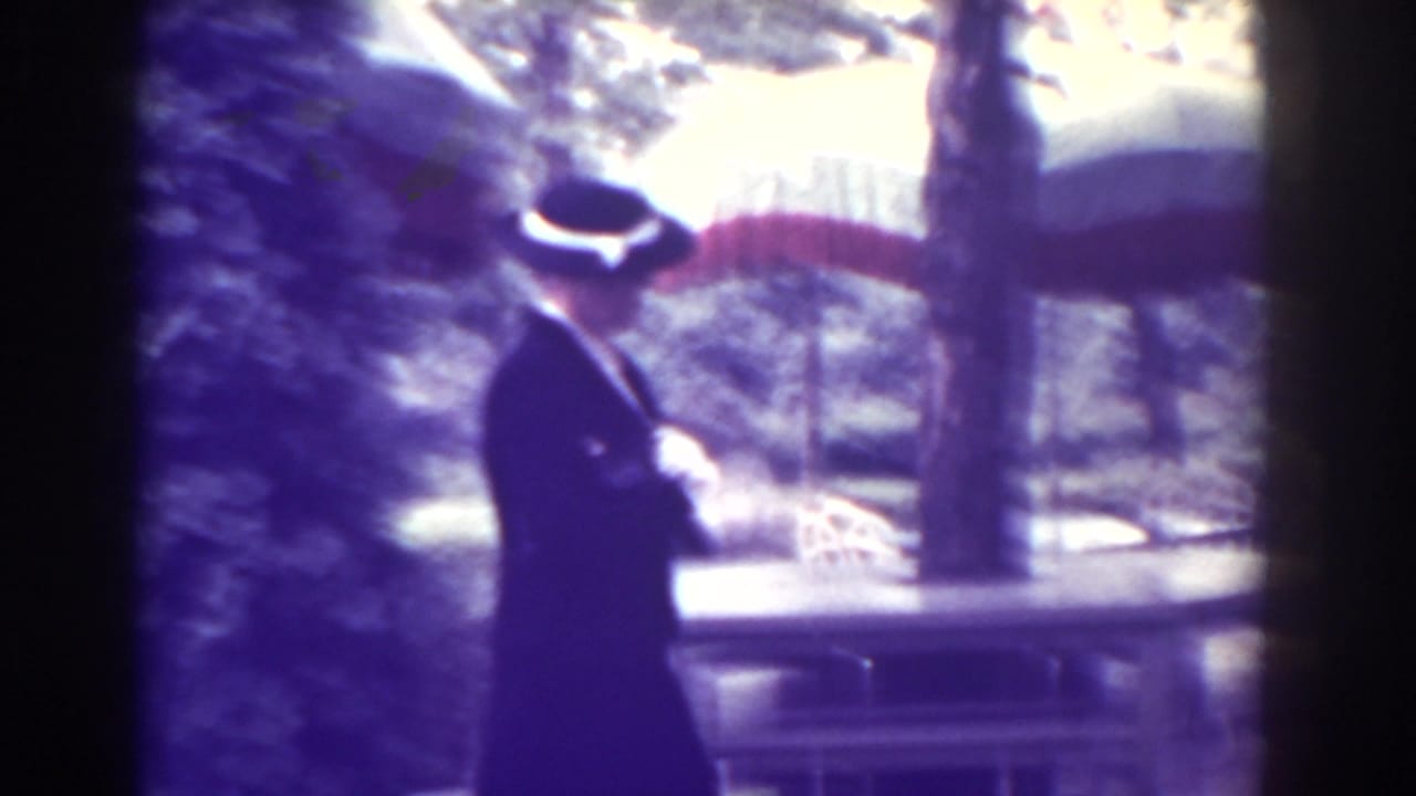 A hat-wearing adult stands beside an outdoor table under trees.