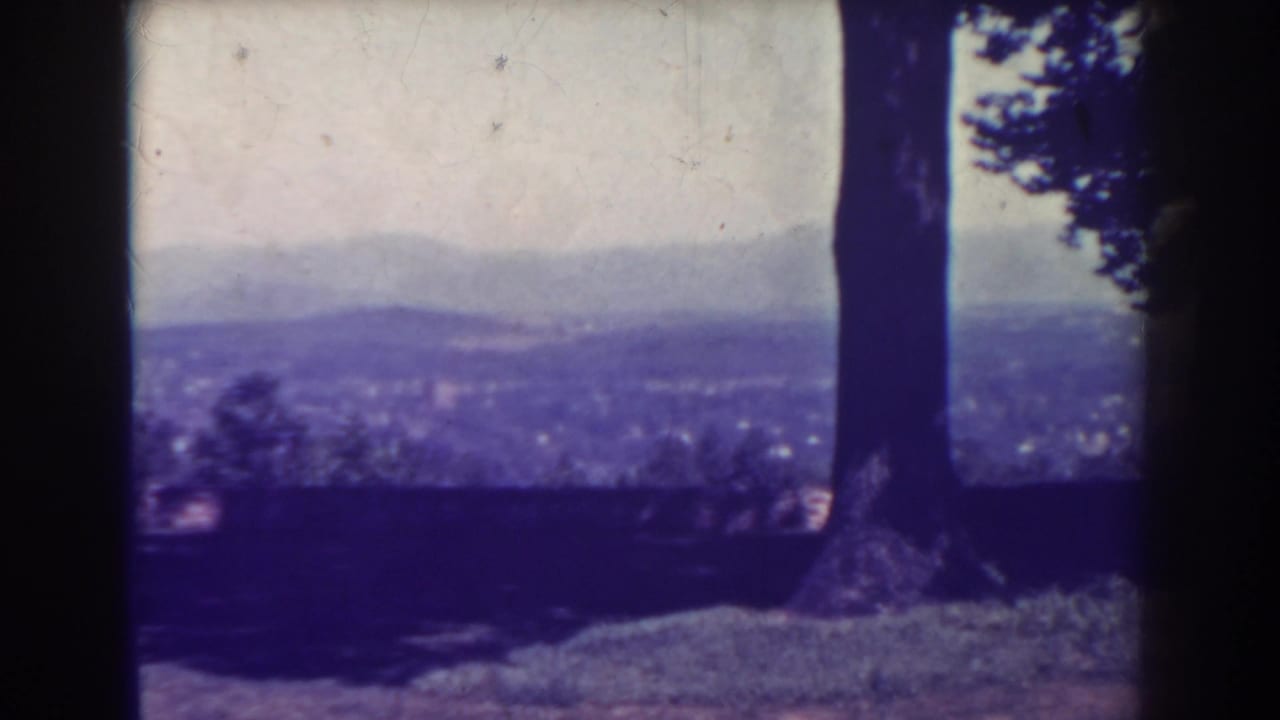 1938 Atlantic City frame looking past a foreground tree toward a hazy distant town and low hills.