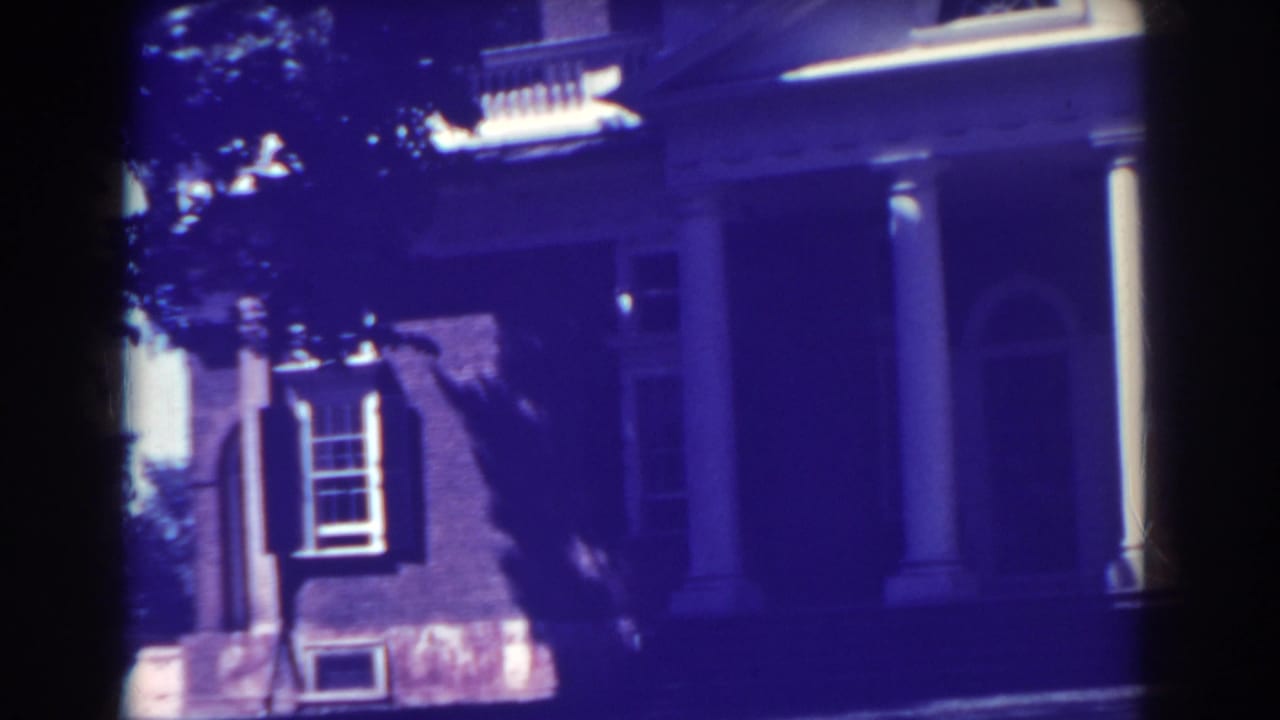 Brick house facade with white columns, shutters, and tree shade.