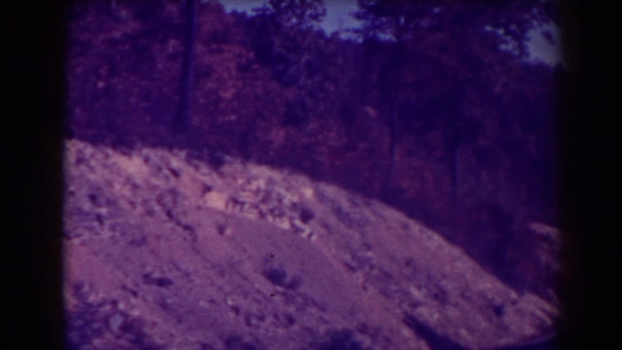 Rocky hillside beside a wooded road with dark 8mm frame borders.