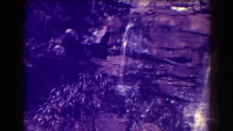 A closer Blackwater Falls view shows water dropping over rock ledges, with dark foliage and strong purple color shift from the 8mm scan.