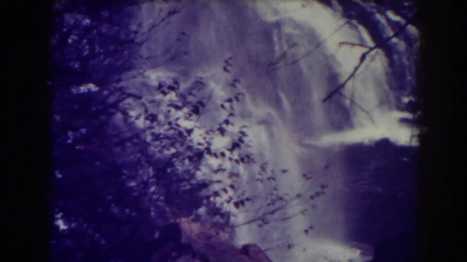 A closer 1938 8mm view of Blackwater Falls shows white water, foreground branches, and mottled forest detail.