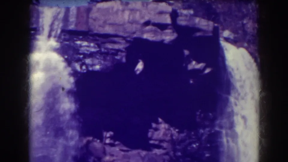 1938 Blackwater Falls frame with bright cascades on both sides of a dark rock face, tinted by purple-blue 8mm color shift.
