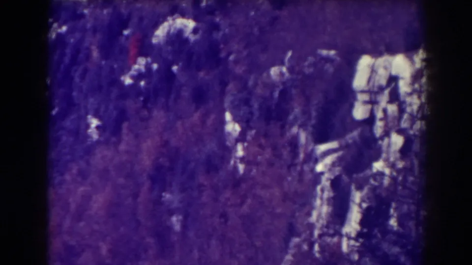 1938 Blackwater Falls home-movie frame showing a tree-covered mountainside with a rocky outcrop and strong purple-blue film shift.