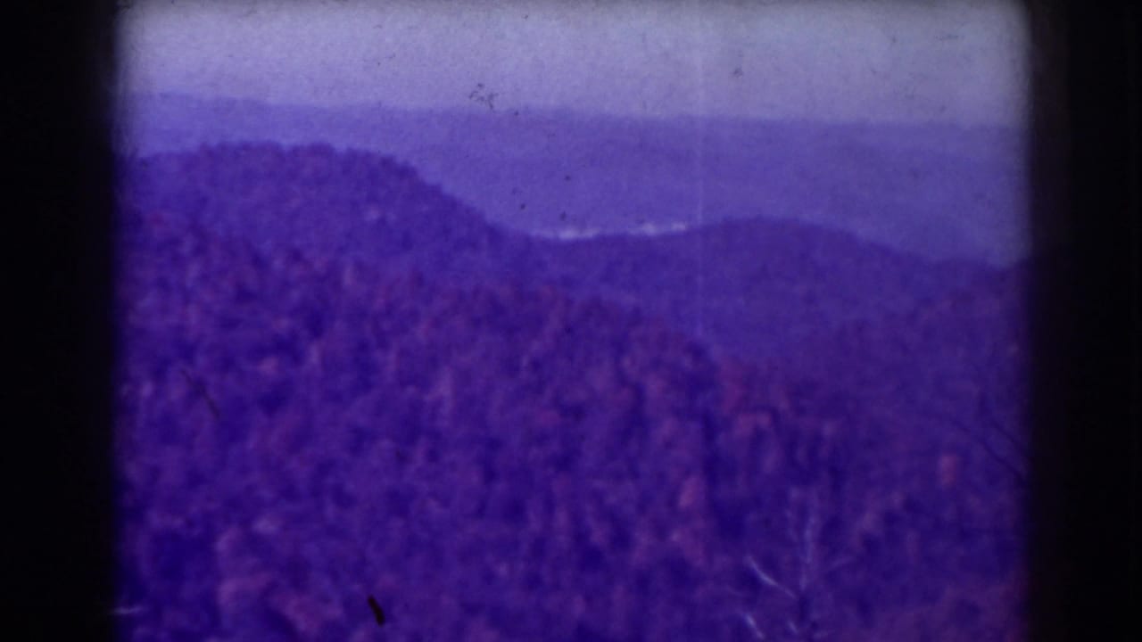 Purple-tinted wooded mountain ridges under a pale hazy sky.