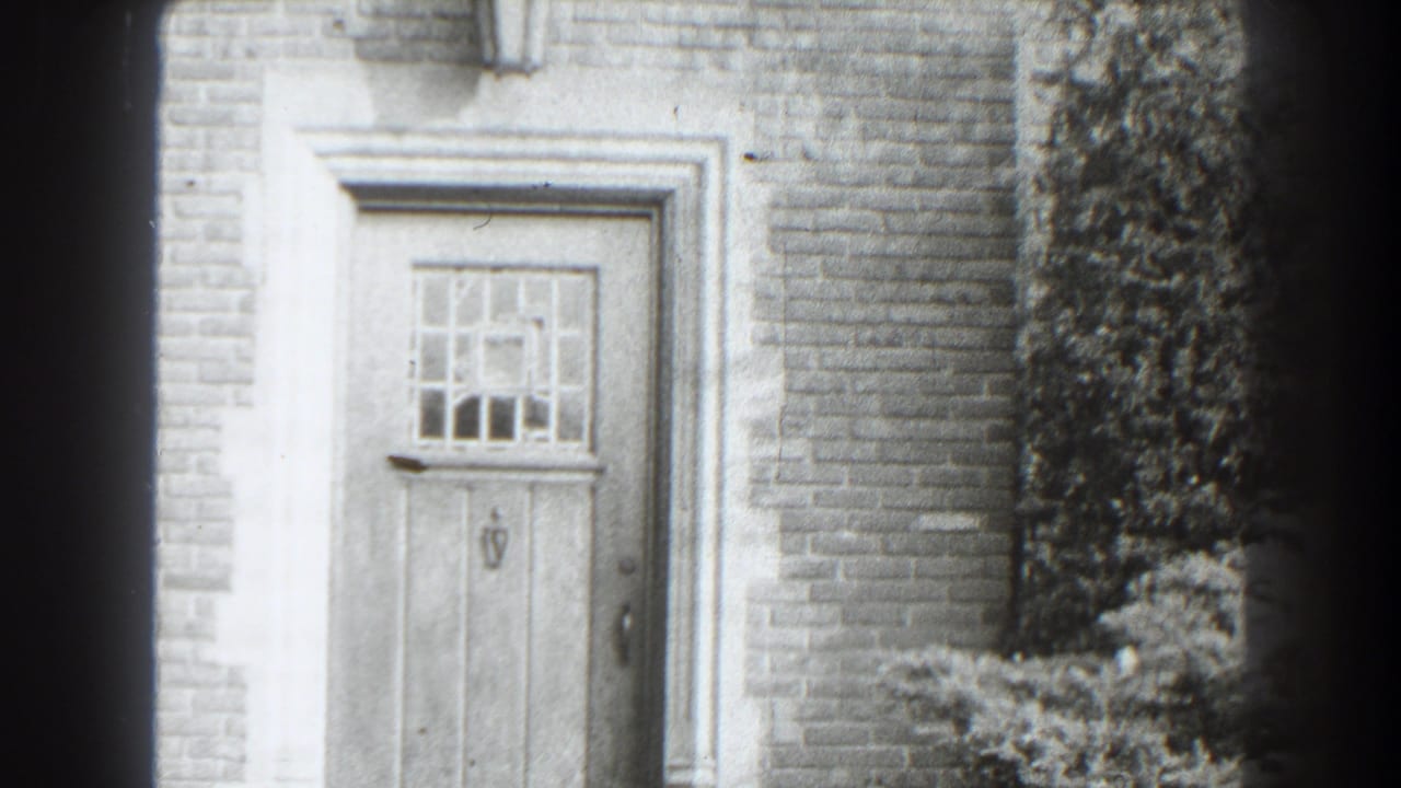Brick house entrance with a wooden door, grid window, ivy, and shrubs.