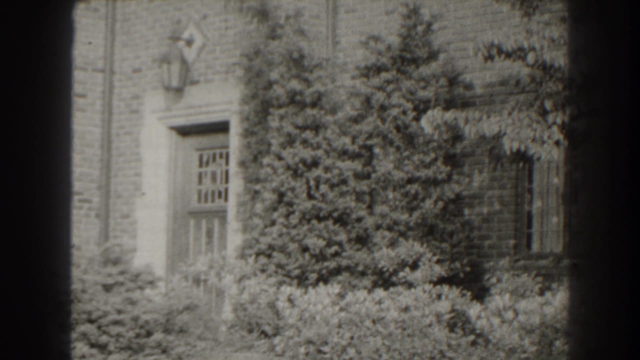 Brick exterior with a wooden door, shrubs, leafy tree and lantern fixture seen through a dark film border.