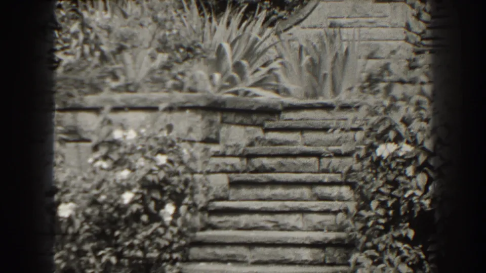 Cumberland, Maryland 1938 8mm frame showing a weathered staircase, stone wall, shrubs, and overgrown planting in soft focus.
