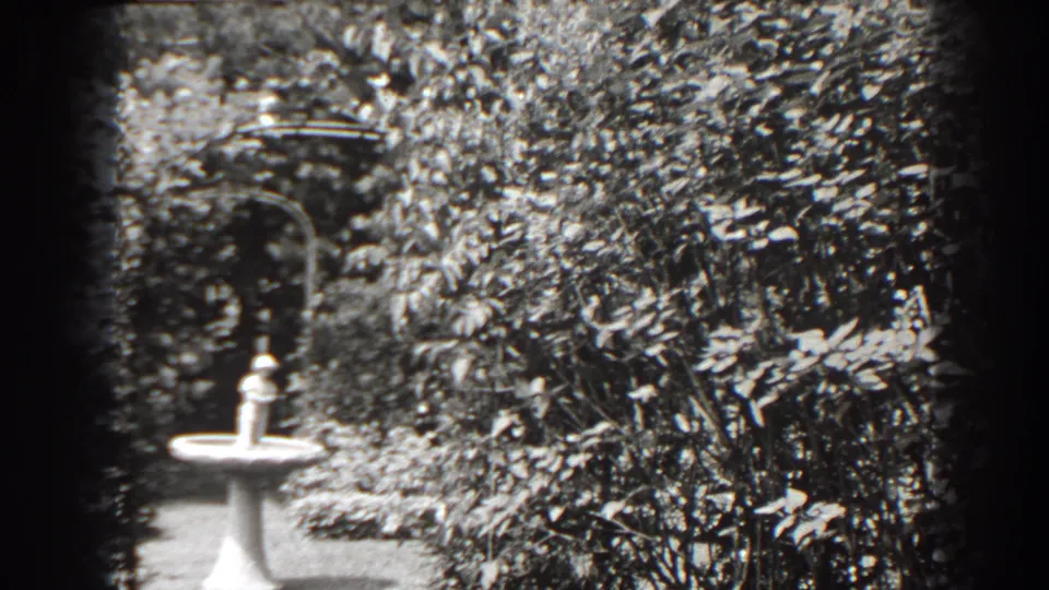 1938 Cumberland, Maryland garden frame with a white cherub fountain, surrounding shrubs, leafy beds, and an arbor-like structure in the background.