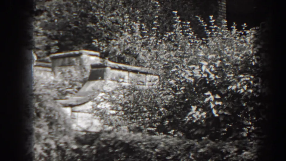 Black-and-white 8mm view of a wooden garden object in Cumberland, Maryland, with dense shrubs and trees around it.