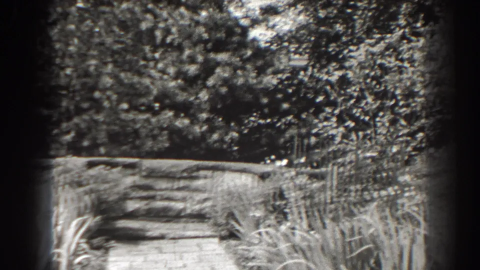 Blurred black-and-white 8mm frame of a Cumberland garden path approaching a stone wall among dense planting.