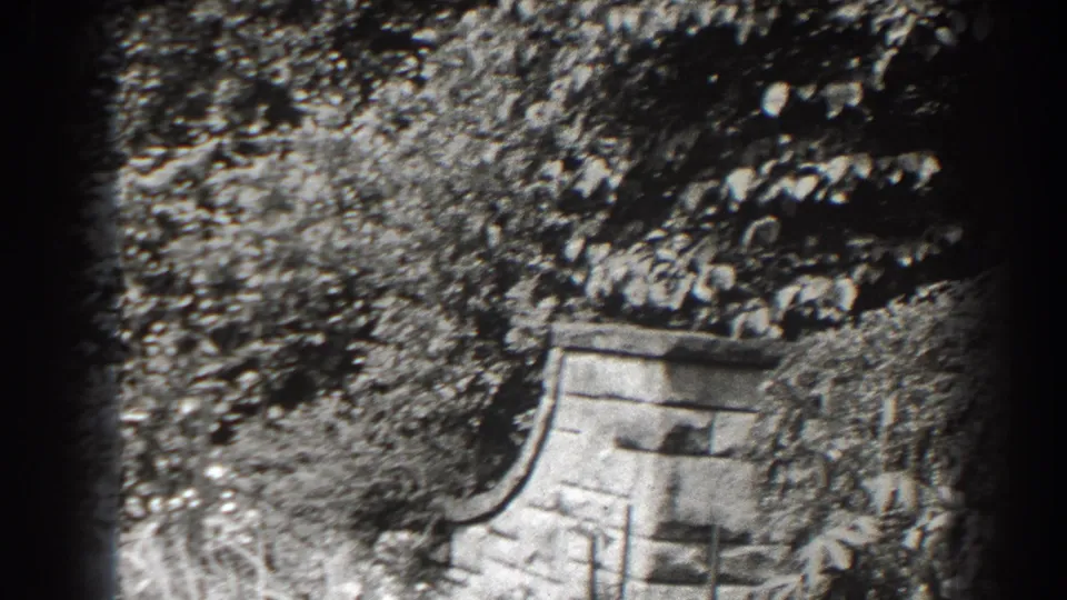 1938 Cumberland home-movie frame with a curved stone wall, trees, and layered garden plants in bright sun.