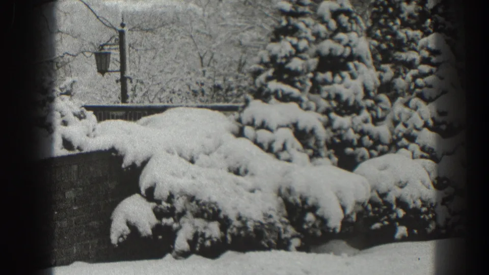 1938 Martinsburg frame showing snow piled on shrubs and conifer branches near a low wall, with a lamppost in the background.