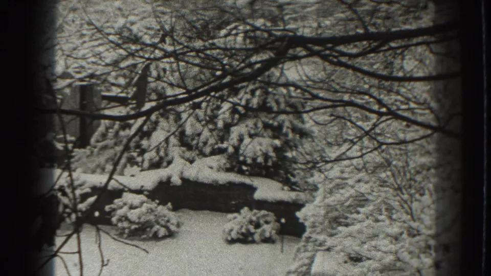 1938 Martinsburg home-movie frame showing a snowy yard, shrubs, bare branches, and a low wall.