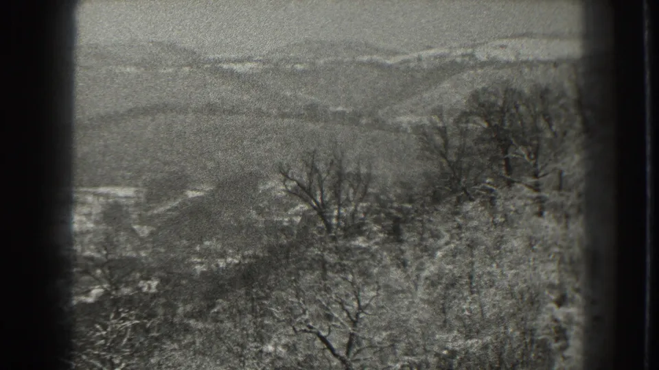 A distant snowy hill and foreground winter trees appear in 1938 Martinsburg, West Virginia footage.