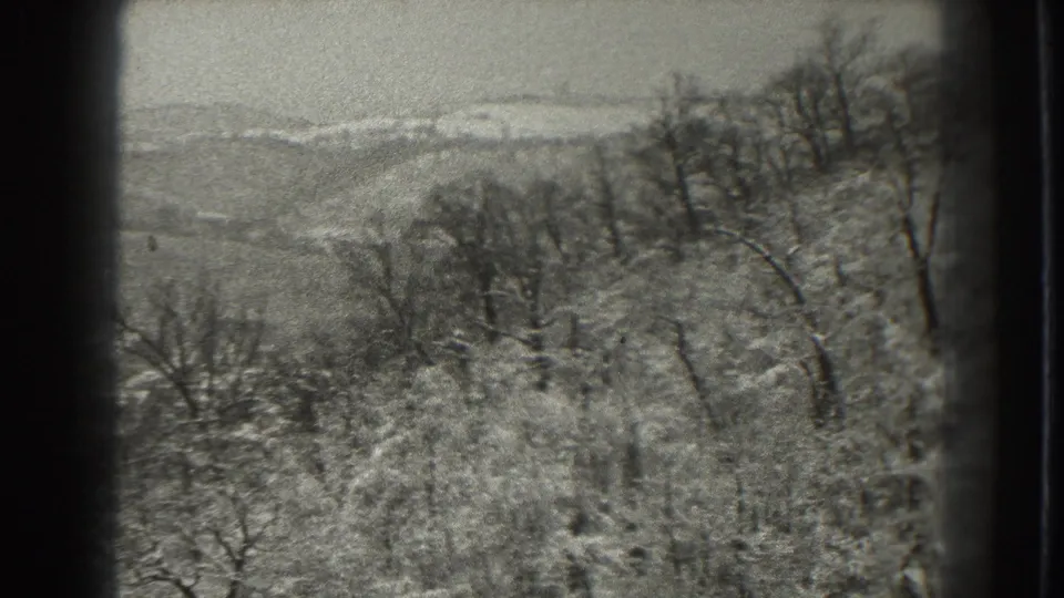 Martinsburg, West Virginia winter landscape in 1938, with leafless trees, light snow cover, and distant hills under a muted sky.