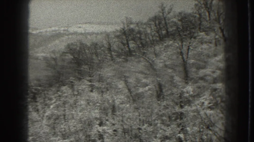 A steady 8mm winter view shows a snow-dusted wooded slope near Martinsburg, with soft hills receding in the background.