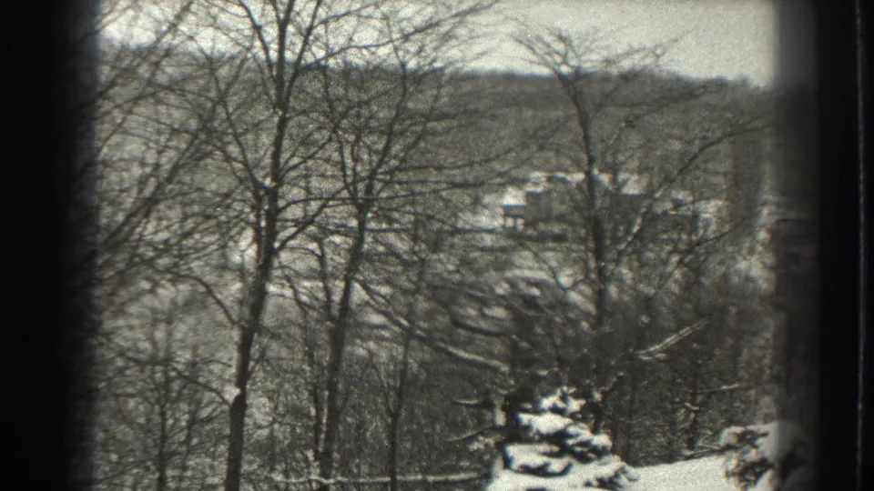 1938 Martinsburg, West Virginia frame showing snowy trees, bare branches, a distant hillside, and dark 8mm frame-edge vignetting.
