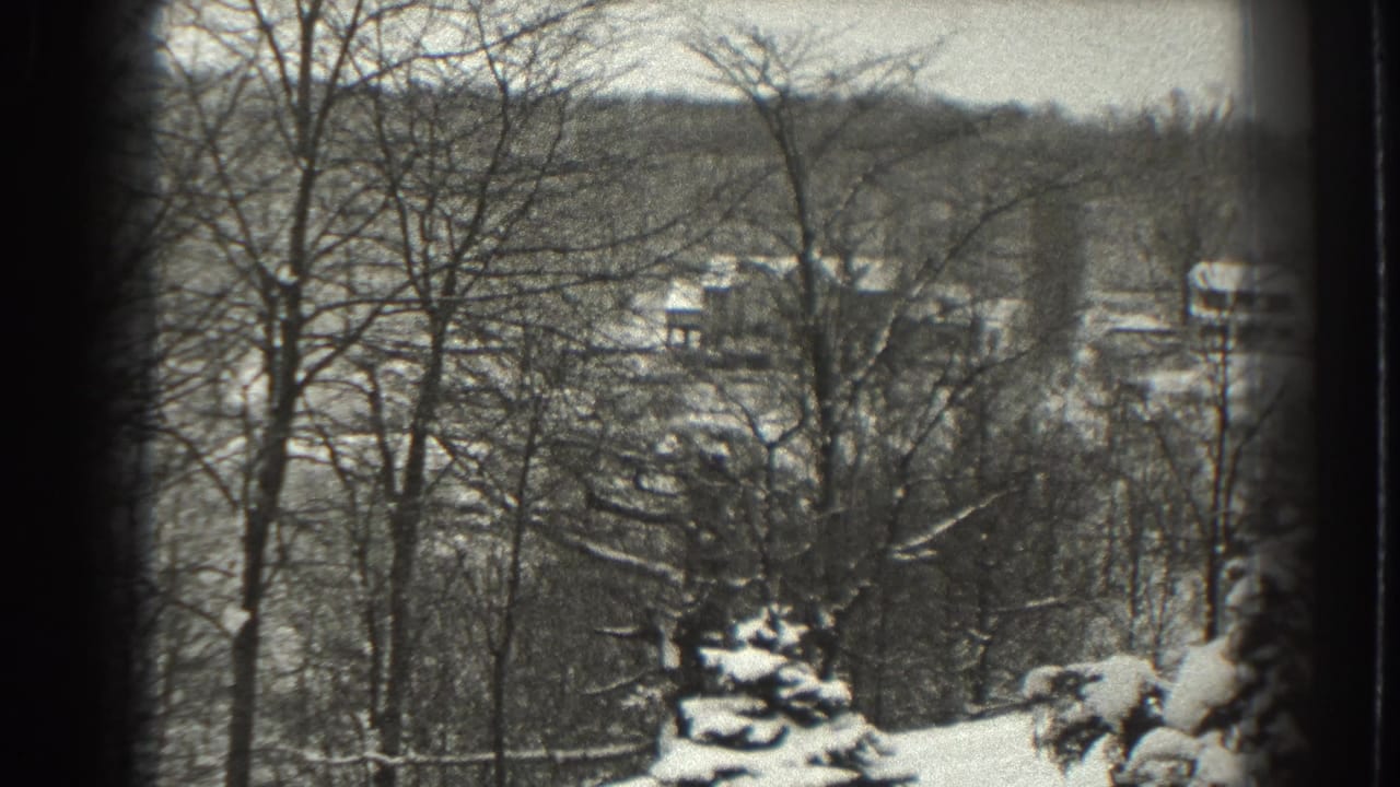 Snow-covered trees and distant farm buildings across a wooded hillside.