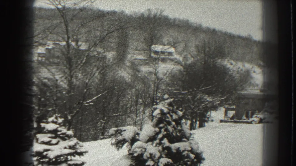 Final frame of the 1938 Martinsburg winter pan, showing snow-laden evergreens, bare trees, and a distant farmstead.