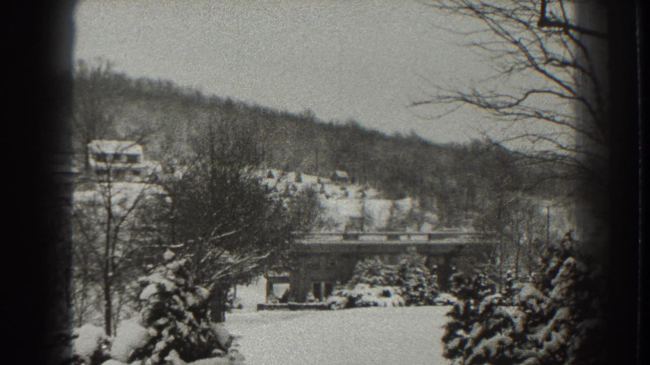 Snowy landscape with evergreens, bare trees, a distant building, and low hills.