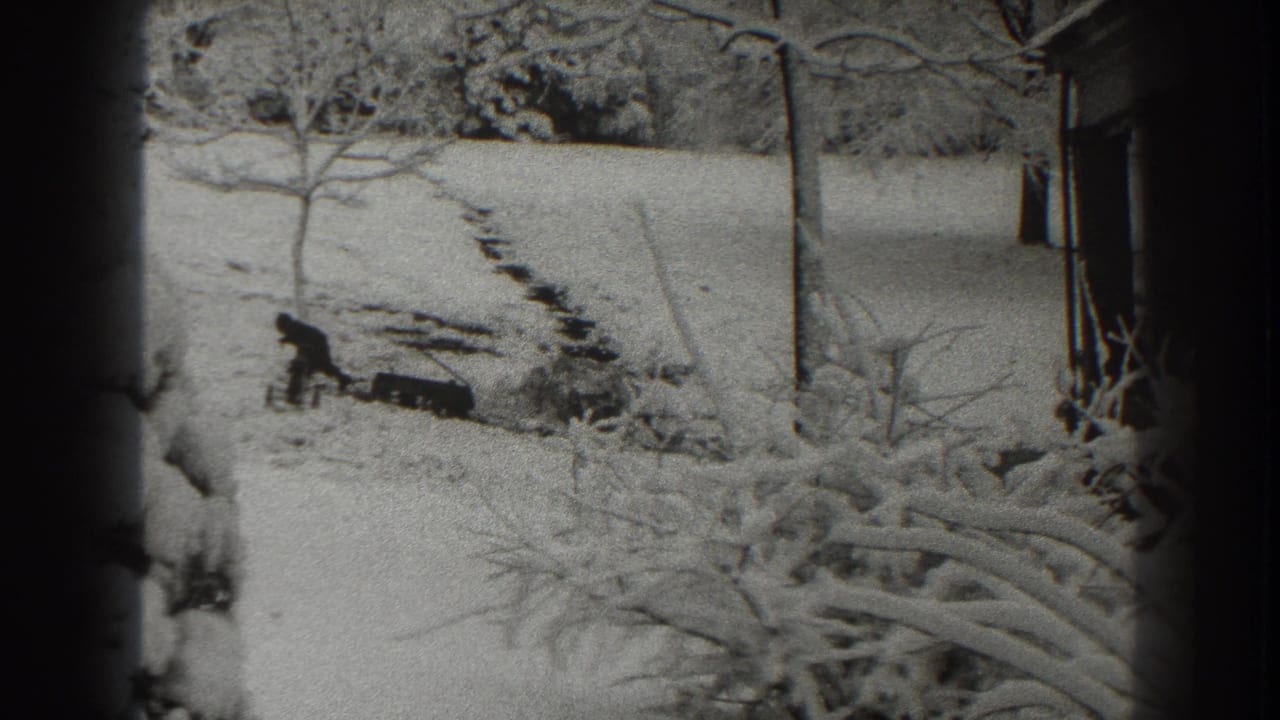 Man in dark clothing chops wood in a snowy yard near trees and a house edge.